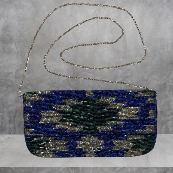 Vintage Handbags - Vintage Beaded Clutch Crossbody Purse Formal Bag Blue Green Metallic Silver
